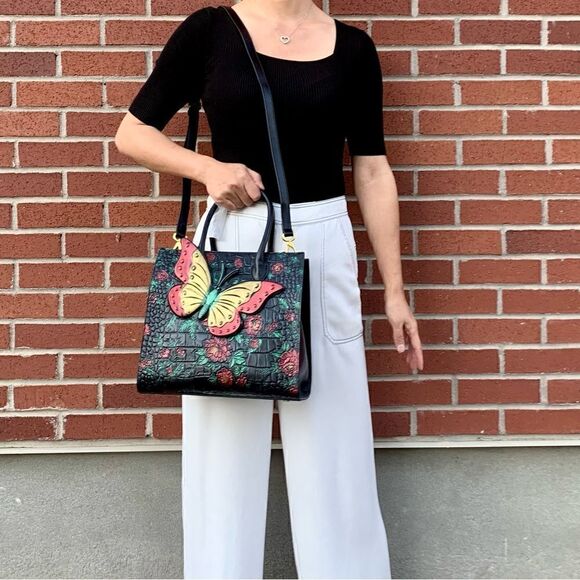 Hand Painted Genuine Leather Floral Embossed with 3D Butterfly Handbag - Picture 6 of 16